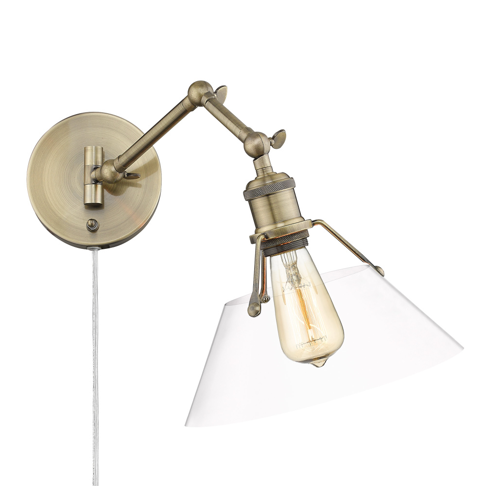 Yep by Golden Lighting Orwell 1-light Swing Arm Wall Lamp in Aged Brass and Clear Glass